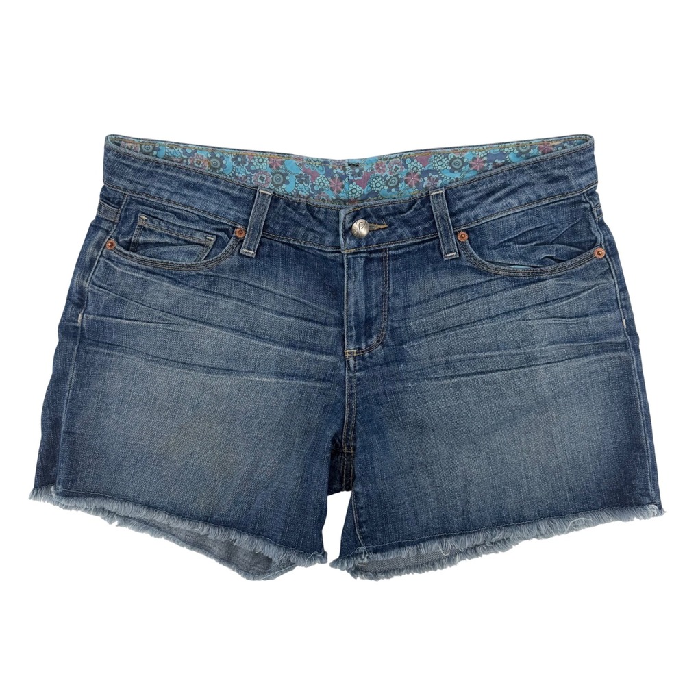 Paige Denim Shorts Womens 31 Blue Medium Wash Frayed Raw Hem Cut Off Made In USA
